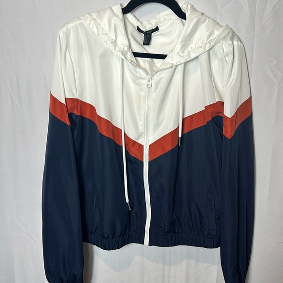 Forever 21 Jackets & Blazers - Forever 21 Lightweight Zip Down Hooded Jacket Large Pockets White Blue Orangee